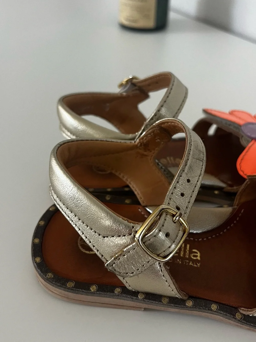 Girls Metallic Gold Sandals with Orange & Purple Flower Accent